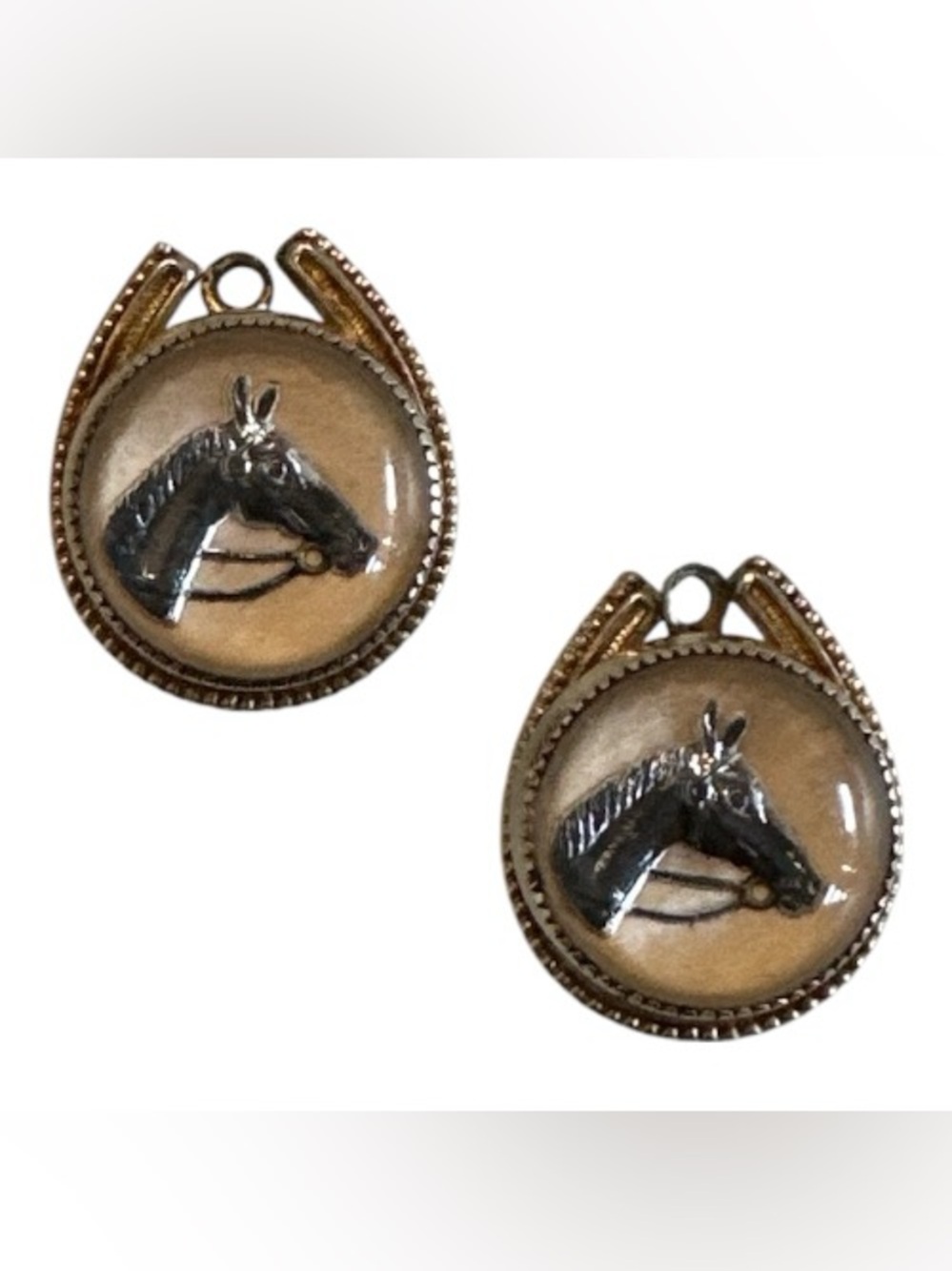 Vintage | Rare | Black Race Horse Dome Earrings